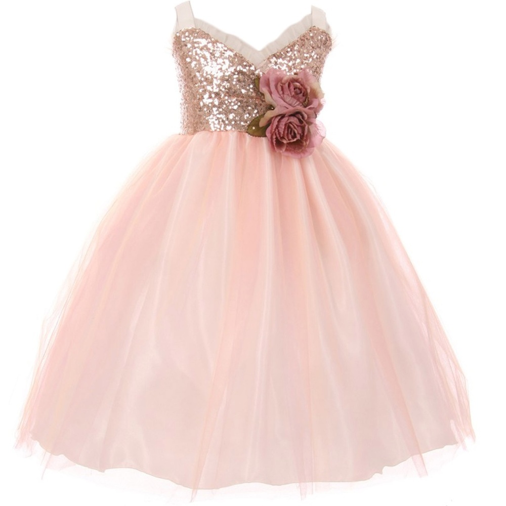 Sequin Bodice Ruffle Bias Trim Girl Dress Blush